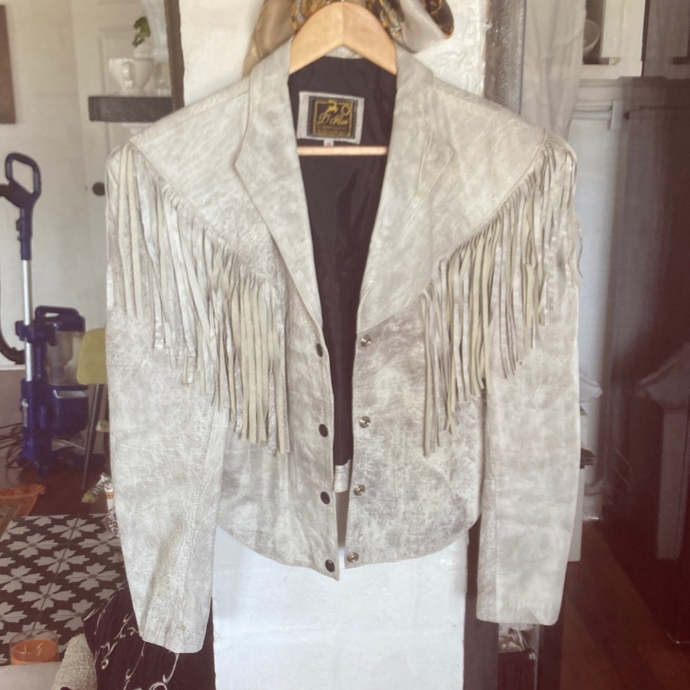 Fringe Leather Western Jacket in Light Gray